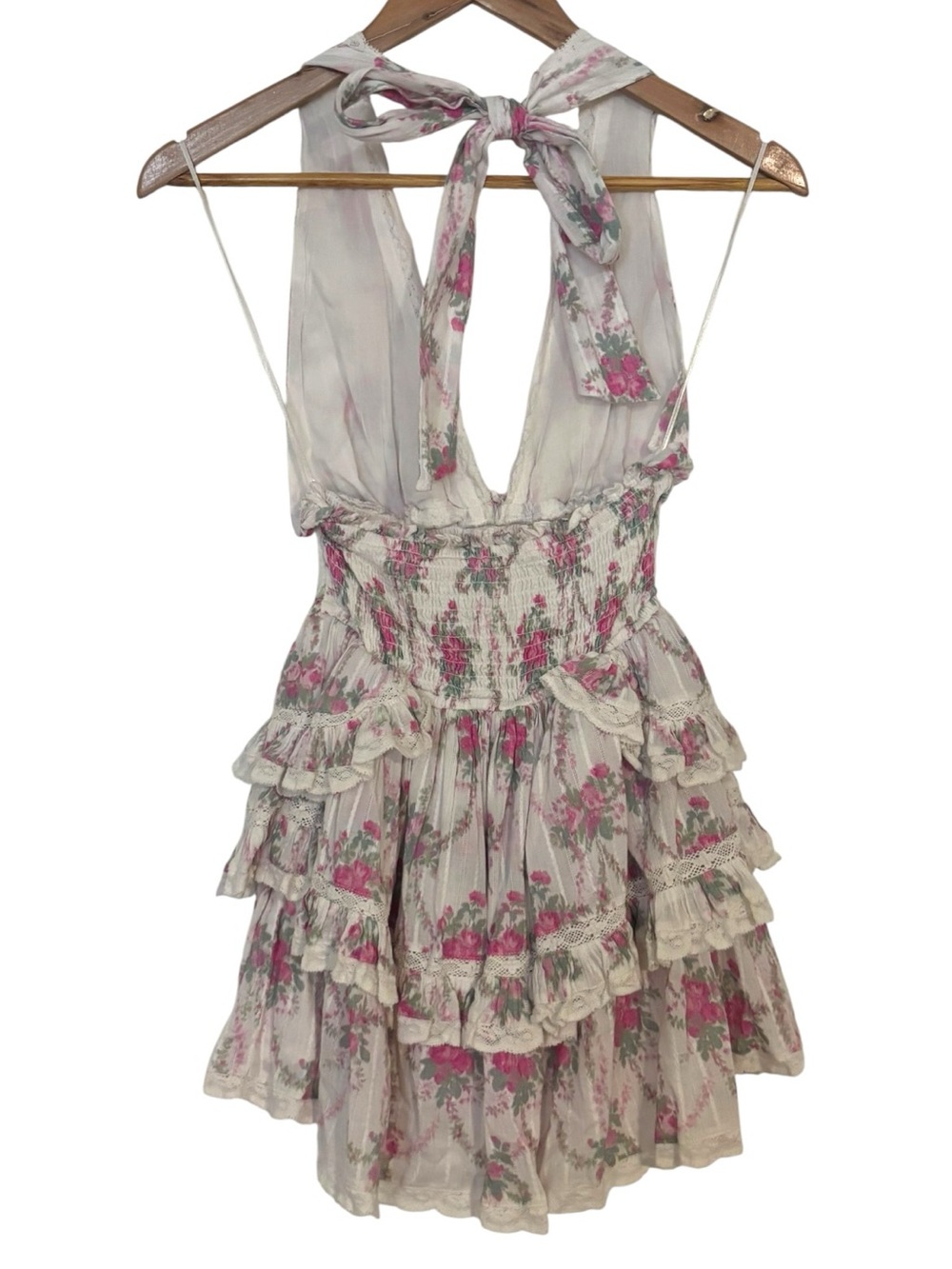 LoveShackFancy Deanna Smocked Waist Halter Cotton Mini Sundress - Picture 3 of 4